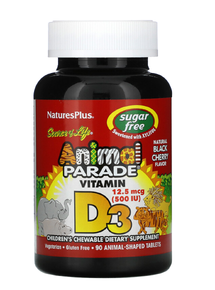 Nature's Plus, Source of Life, Animal Parade, Vitamin D3, Sugar Free, Natural Black Cherry, 12.5 mcg (500 IU)