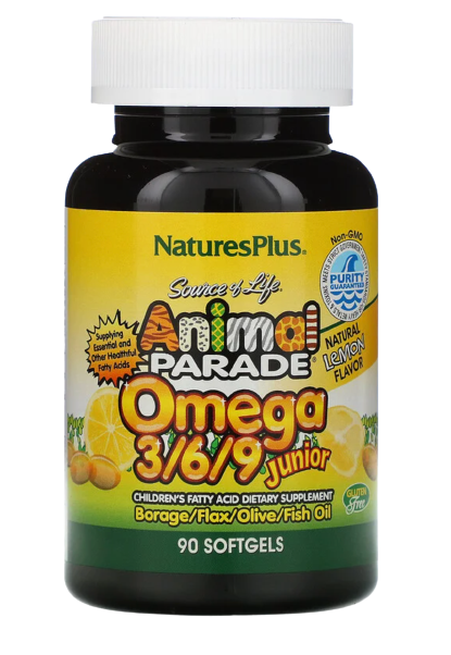 Nature's Plus, Source of Life, Animal Parade, Omega 3/6/9 Junior, Natural Lemon Flavor, 90 Softgels